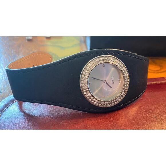 Women's Silver Tone Guess In Leather Band, Crystal Accents - Picture 2 of 5